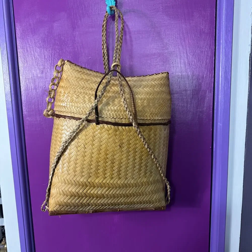 Vintage Filipino Pasiking Backpack Handwoven Bamboo Rattan Foraging Basket
